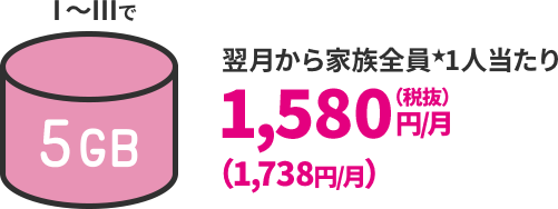Ⅰ～Ⅲで翌月から家族全員1人当たり1,580円（税抜）／月（1,738円／月）