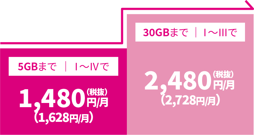5GBまで Ⅰ〜Ⅳで1,480円（税抜）／月（1,628円／月） 30GBまで Ⅰ〜Ⅲで2,480円（税抜）／月（2,728円／月） 各種割引適用時