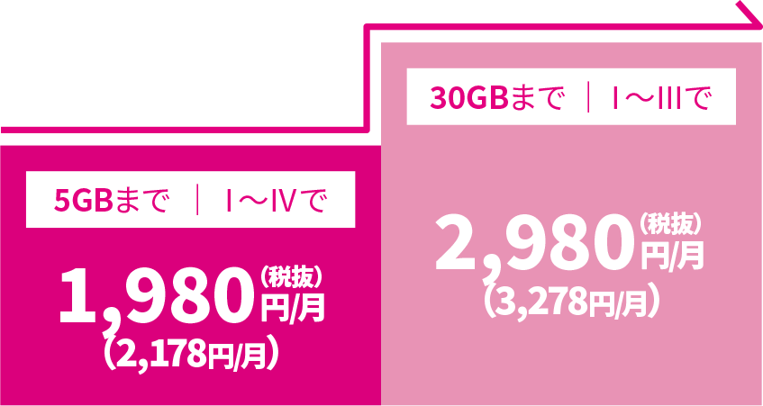 5GBまで Ⅰ〜Ⅳで1,980円（税抜）／月（2,178円／月） 30GBまで Ⅰ〜Ⅲで2,980円（税抜）／月（3,278円／月） 各種割引適用時
