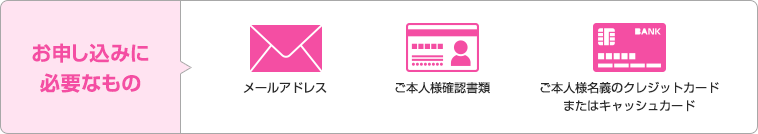 お申し込みに必要なもの > メールアドレス　ご本人様確認書類　ご本人様名義のクレジットカードまたはキャッシュカード