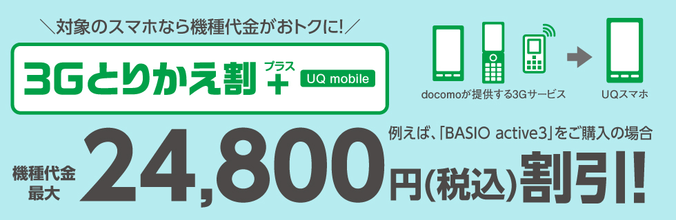 ＼対象のスマホなら機種代金がおトクに！／ 3Gとりかえ割プラス UQ mobile 例えば、「BASIO active3」をご購入の場合 機種代金最大24,800円（税込）割引！