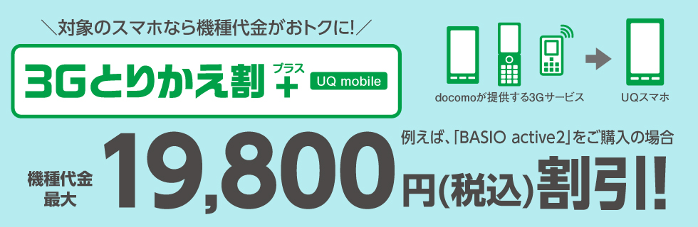 ＼対象のスマホなら機種代金がおトクに！／ 3Gとりかえ割プラス UQ mobile 例えば、「BASIO active2」をご購入の場合 機種代金最大19,800円（税込）割引！
