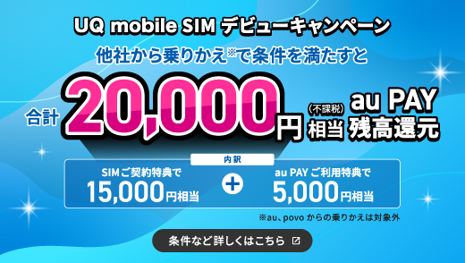 条件を満たすと、合計20,000円相当（不課税）au PAY 残高に還元します。