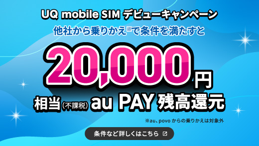 条件を満たすと、20,000円相当（不課税）をau PAY 残高に還元します。