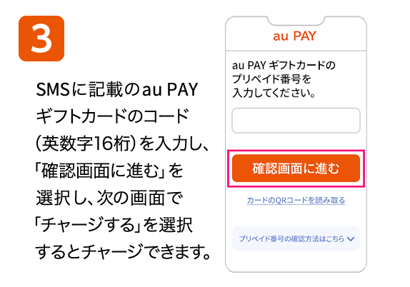 3 SMSに記載のau PAY ギフトカードのコード（英数字16桁）を入力し、「確認画面に進む」を選択し、次の画面で「チャージする」を選択するとチャージできます。