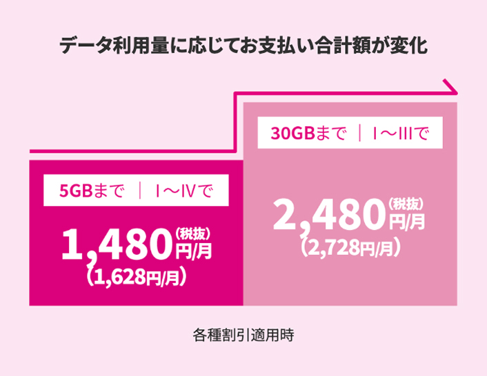 データ利用量に応じてお支払い合計額が変化 5GBまで｜Ⅰ～ⅠⅤで1,480円/月(税抜)(1,628円/月)　30GBまで｜Ⅰ～Ⅲで2,480円/月(税抜)(2,728円/月) 各種割引適用時