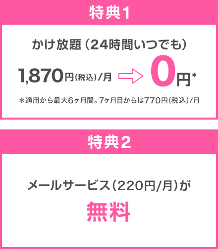 特典(1):かけ放題(24時間いつでも)1,870円(税込)/月→0円※ ※適用から最大6ヶ月間。7ヶ月目からは770円(税込)/月、特典(2):メールサービス(220円/月)が無料