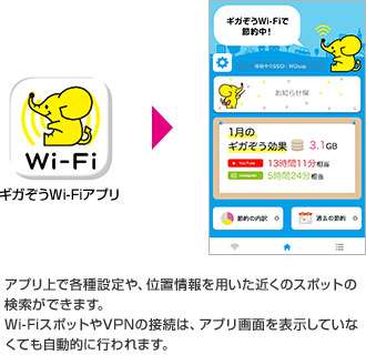 アプリ上で各種設定や、位置情報を用いた近くのスポットの検索ができます。Wi-FiスポットやVPNの接続は、アプリ画面を表示していなくても自動的に行われます。