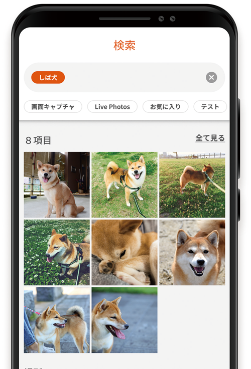 携帯画面上の写真クラウドで、「検索」画面で検索しているイメージ。
