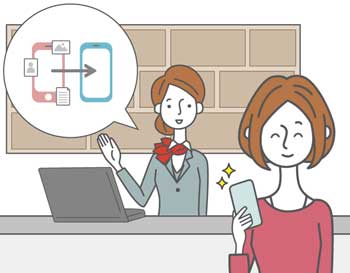 店頭でスタッフがお客さまに端末設定・操作を案内する様子