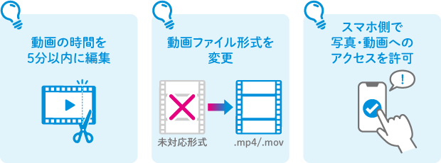 動画の時間を5分以内に編集 動画ファイル形式を変更 未対応形式→.mp4／.mov スマホ側で写真・動画へのアクセスを許可