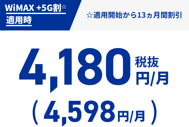 WiMAX +5G割☆適用時 ☆適用開始から13ヵ月間割引 税抜4,180円/月（4,598円/月）